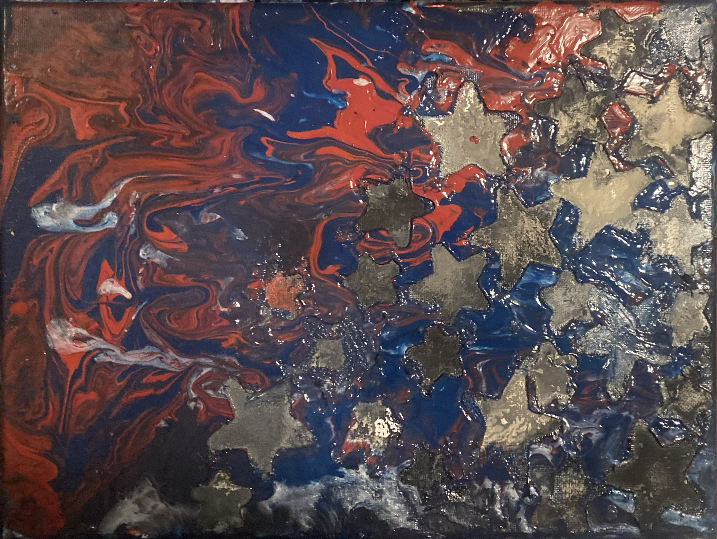 A patriotic piece with red, white, and blue exploding against a swatch of golden stars. Can order and beauty come from the chaos?