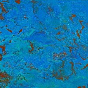 Multiple shades of blue swirl through islands of a mahogany red.