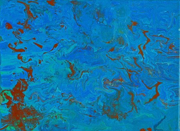 Multiple shades of blue swirl through islands of a mahogany red.