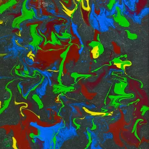 Swirls of vibrant green, yellow and blue mix with a dark crimson on a sparkling black background.