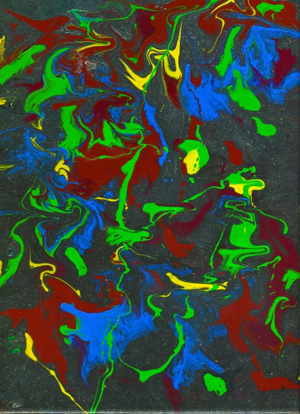Swirls of vibrant green, yellow and blue mix with a dark crimson on a sparkling black background.