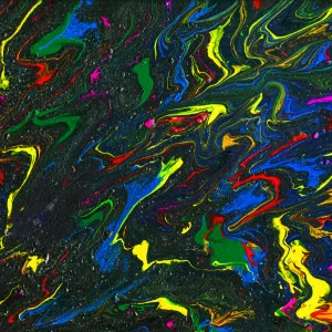 bright swirls of red, blue, and yellow mix with green on a glittering charcoal background