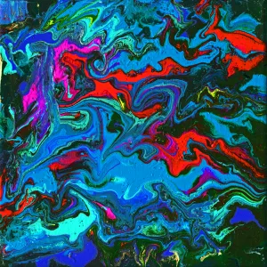 Brilliant swirls of blues, red, and magenta flow out of the nearly black background of green.