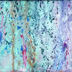 Pastel blues, pinks, and purples form the backdrop for the vibrant specks of darker blues, greens, pinks, and orange in this 5x7 canvas painting.