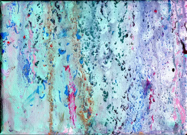 Pastel blues, pinks, and purples form the backdrop for the vibrant specks of darker blues, greens, pinks, and orange in this 5x7 canvas painting.