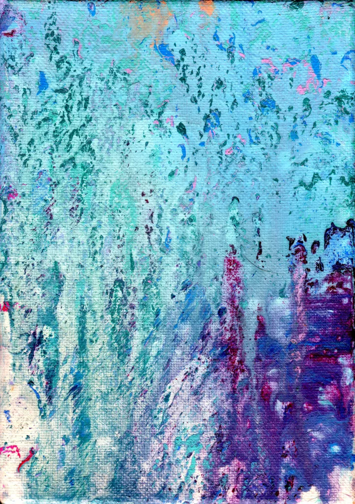 The painting features a blend of pastel blue, accented by spots of orange, darker blues, pink, and white, along with deep shadows of red and purple. It evokes memories of childhood Easter dresses while reflecting on the somber cost associated with that day of celebration.