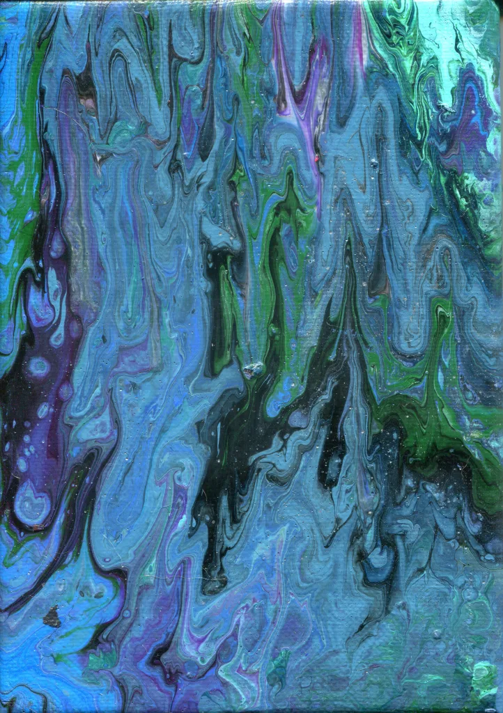 Inspired by Disney's Maleficent, this pour uses pink and blue for Aurora with sickly greens and purples for our title character. The swirls hint at a hidden dragon in the mist.