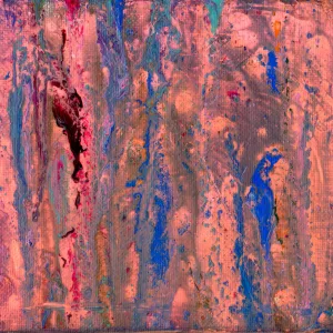 Pink, with a hint of orange, breaks through the shadows like the blush of a sunrise, accented by streaks of teal and blue that resemble Easter ribbons. A splash of dark crimson reminds us of the blood spilled on that hill not so far away.