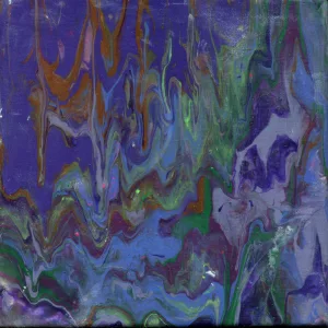 In a tranquil forest, a mystical pond catches the eye with its shimmering surface, adorned in hues of purple and blue. A solitary frog gazes into the water, captivated by its own distorted reflection, pondering the mysterious depths that lie beneath. This enchanting scene invites viewers to explore the magic and curiosity of nature.