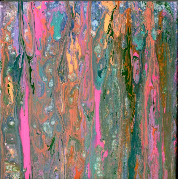 This painting features swirling colors of pink, orange, purple, teal, and a hint of black, reminiscent of the bark of the Rainbow Eucalyptus. The artist was inspired by a vividly colored rainforest as she mixed her paints and poured them onto the canvas to create "Tropical Rainforest."