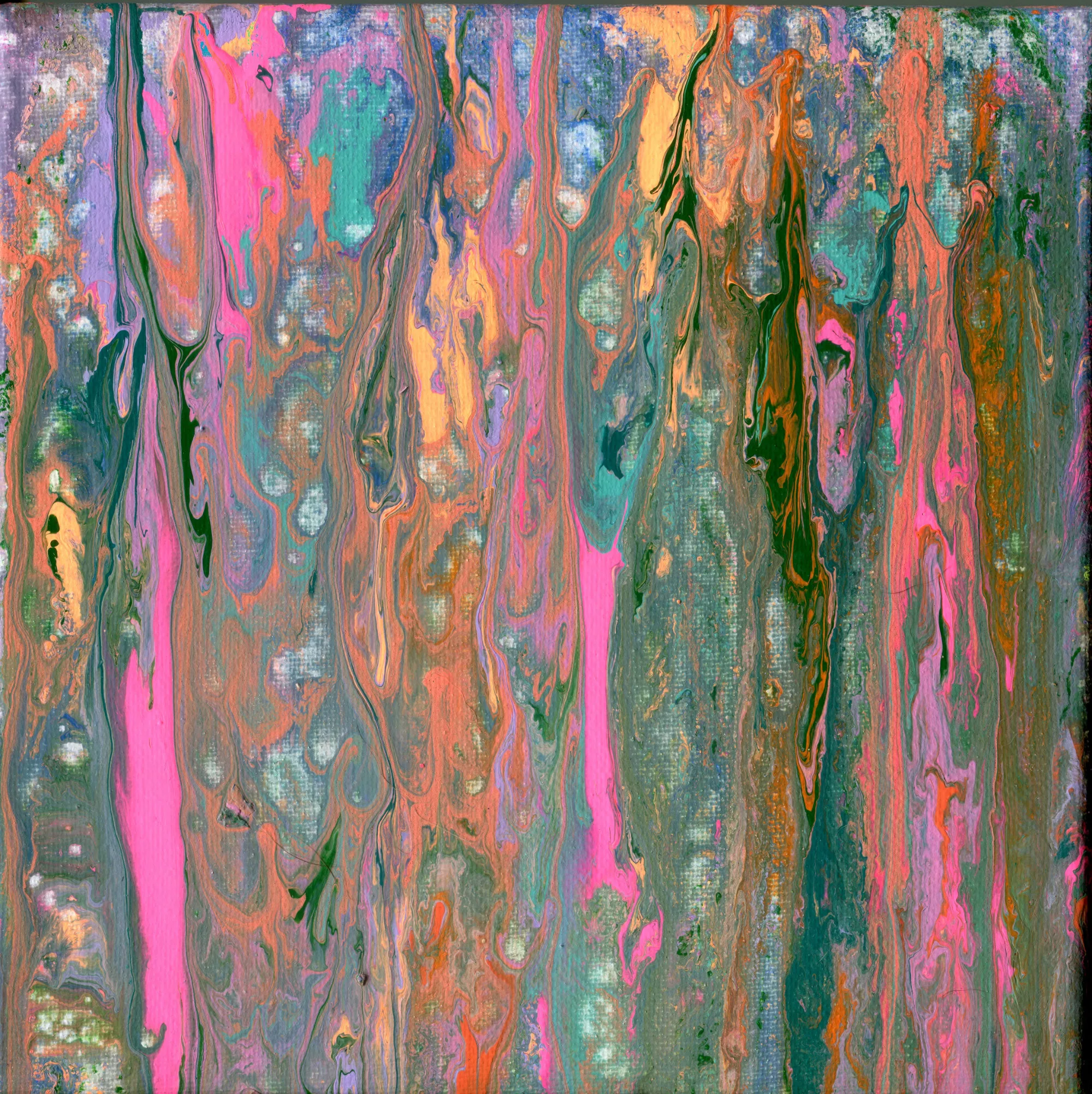 This painting features swirling colors of pink, orange, purple, teal, and a hint of black, reminiscent of the bark of the Rainbow Eucalyptus. The artist was inspired by a vividly colored rainforest as she mixed her paints and poured them onto the canvas to create "Tropical Rainforest."