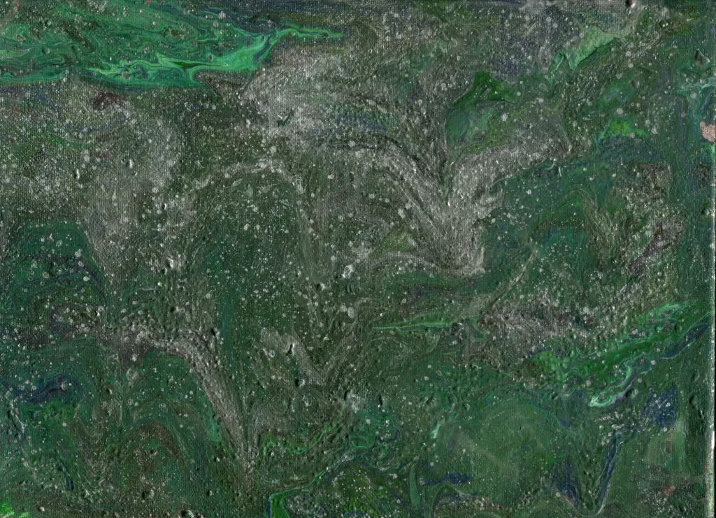 Deep forest green mixes with more vibrant greens and shimmering silvers to create a topography that invokes the heat of summer as the grass grows thick before an inevitable drought.