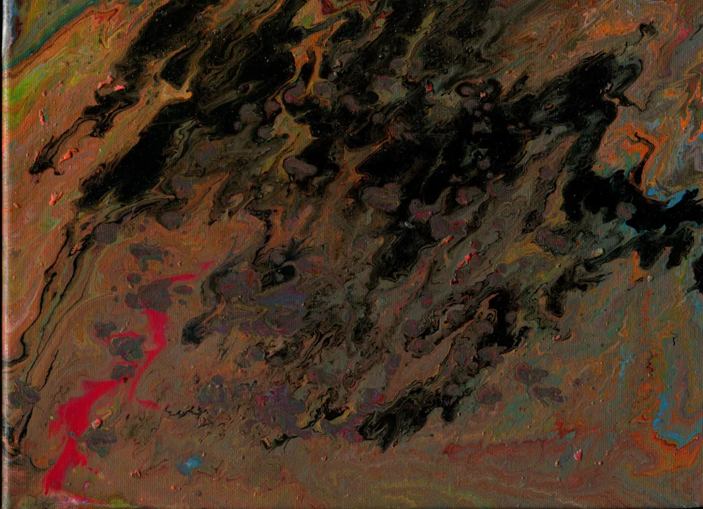 Dark shades of orange and red battle with black in a frenzied energy called "Crushing Anxiety."