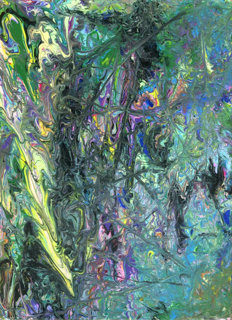 Little April Showers give way to powerful storms then end with gentle "Sprinkles of Spring." This piece reminds us of a scene from Disney's Bambi where the young deer experiences his first rain. The greens range from bright, almost yellow of new growth to the darker, more established vegetation. There is a mix of red, pink, purple, and blue to represent spring flowers budding as nature awakens but a chaotic mix of black cuts through the middle. It is the heart of the storm, leading to even more color on the other side.