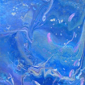 This pour is inspired by deep in the ocean, where the light does not reach. Imagining the view from an exploring submersible, this painting reveals surprising swirls of blues and silver with playful spots of pink and white reminiscent of the strange life found far beneath the ocean surface.