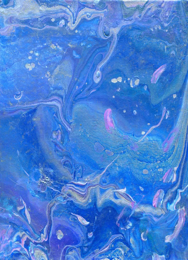This pour is inspired by deep in the ocean, where the light does not reach. Imagining the view from an exploring submersible, this painting reveals surprising swirls of blues and silver with playful spots of pink and white reminiscent of the strange life found far beneath the ocean surface.
