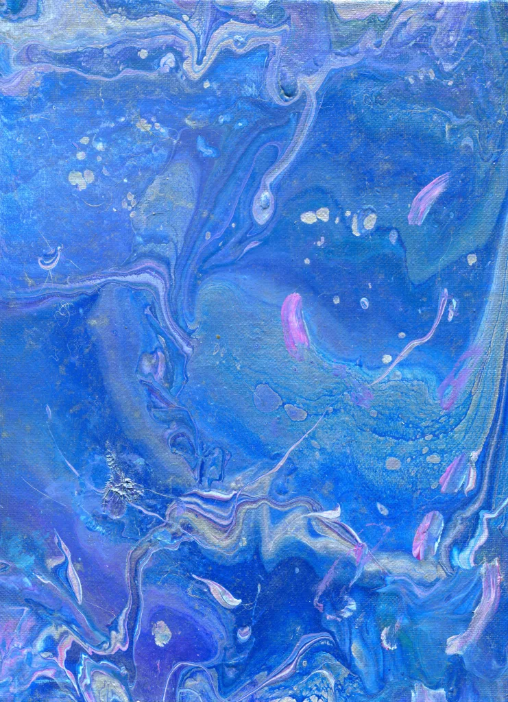 This pour is inspired by deep in the ocean, where the light does not reach. Imagining the view from an exploring submersible, this painting reveals surprising swirls of blues and silver with playful spots of pink and white reminiscent of the strange life found far beneath the ocean surface.