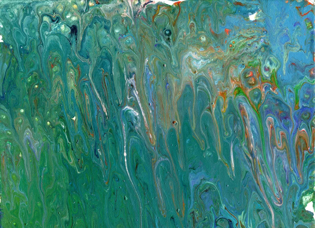 Brilliant blues, greens, golds, and reds swirl together in feather like patterns hinting at the peacock inspiration for this piece.