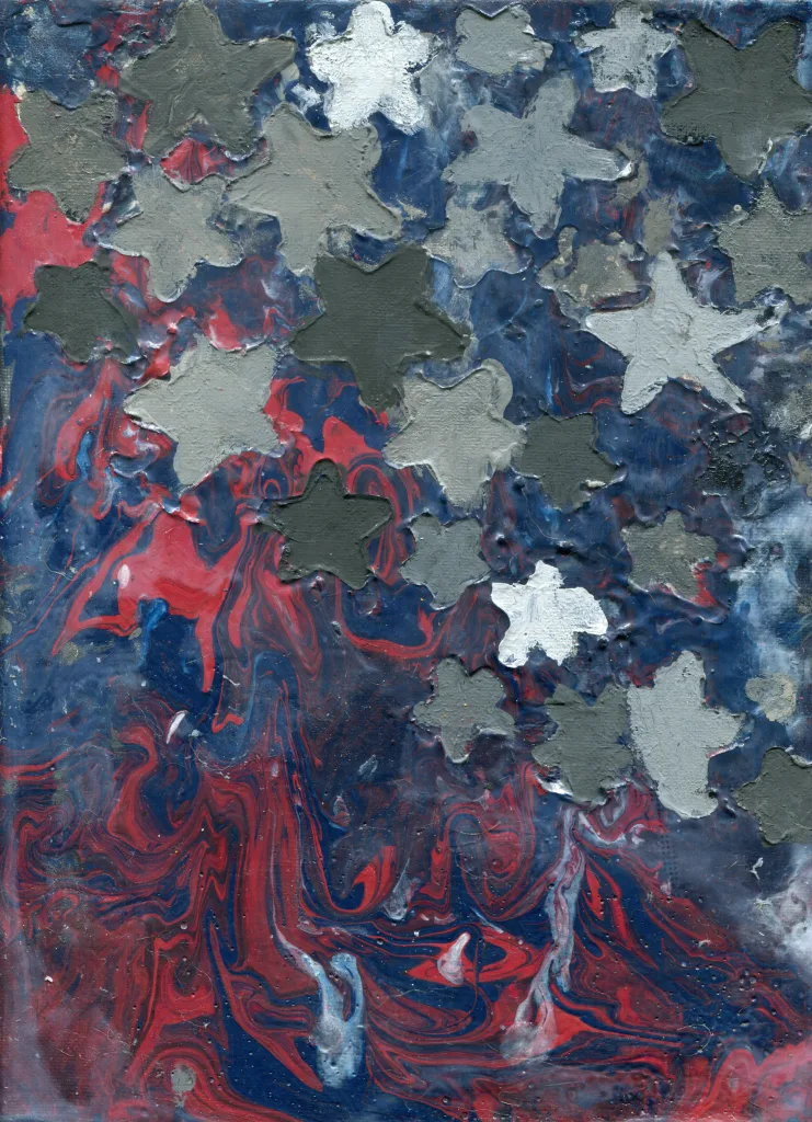 Inspired by the American flag, this patriotic piece includes swirls of red, white and blue, with multicolored and textured stars.