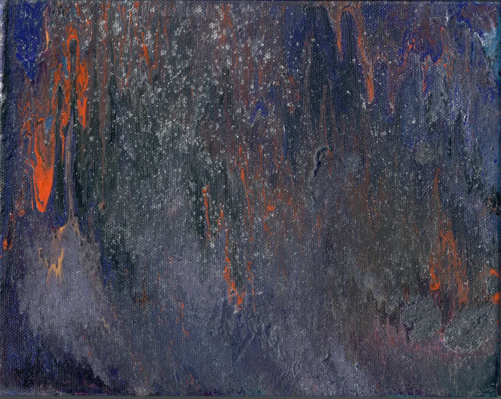 Ruins to Halloween Whispers, a painting with orange, purple, and dark gray invoking a dark and foggy halloween night.