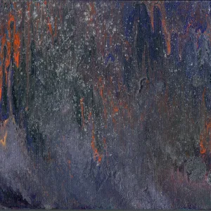 Ruins to Halloween Whispers, a painting with orange, purple, and dark gray invoking a dark and foggy halloween night.