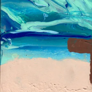 A richly textured sandy shore advances on the retreating waves of the ocean. The light blue gives way to dark along the horizon, which rises into a swirling mix of aqua, teal, jade, and blue. The strange, nebulous sky disorients the viewer as if the world has turned upside down, with the ocean's surface curling back toward the viewer. A brown sign holds an unseen message. Is this a warning or a day at the beach?