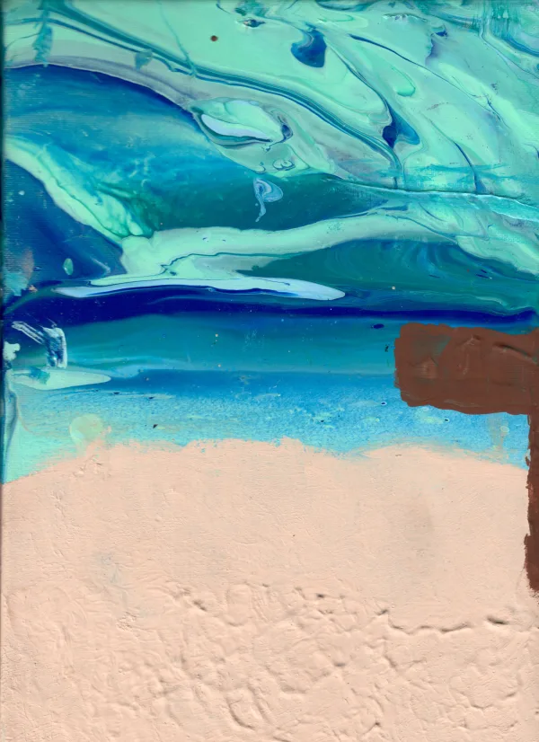 A richly textured sandy shore advances on the retreating waves of the ocean. The light blue gives way to dark along the horizon, which rises into a swirling mix of aqua, teal, jade, and blue. The strange, nebulous sky disorients the viewer as if the world has turned upside down, with the ocean's surface curling back toward the viewer. A brown sign holds an unseen message. Is this a warning or a day at the beach?